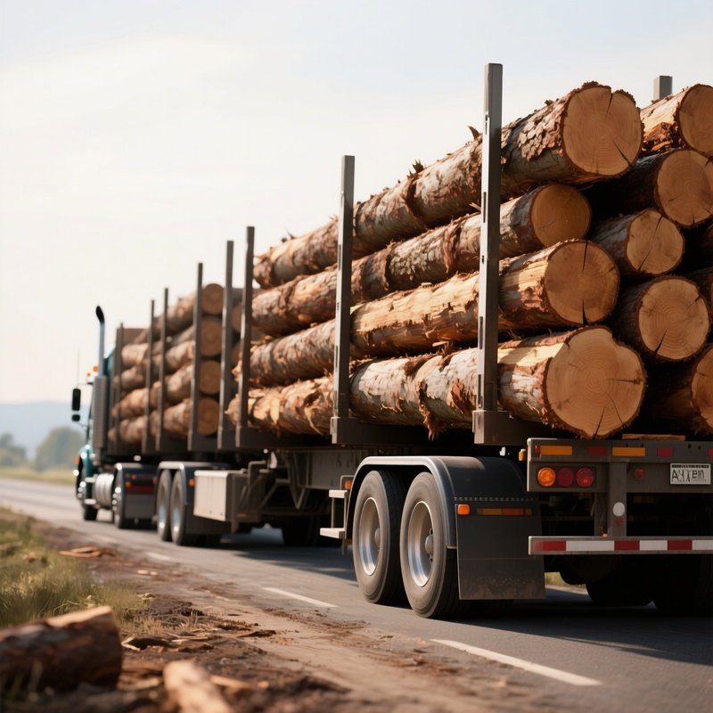 A Long Logging Semi Trailer Stacked With Timber Logs