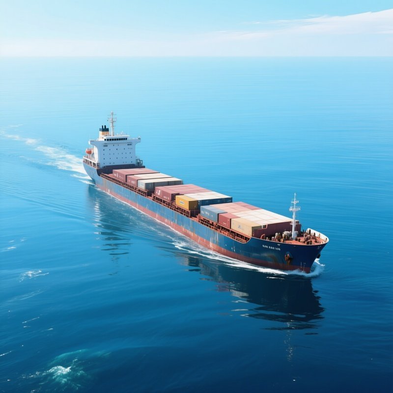 A Long Range Freighter Moving Calmly Across Glassy Blue Ocean
