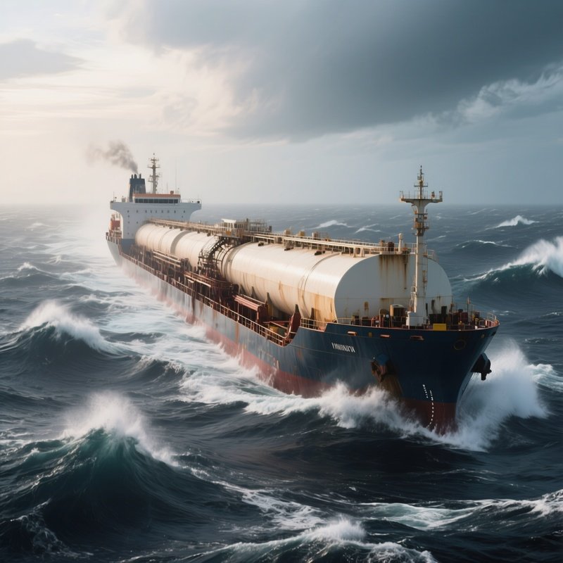 A Long Tanker Navigating Harsh Open Ocean Winds