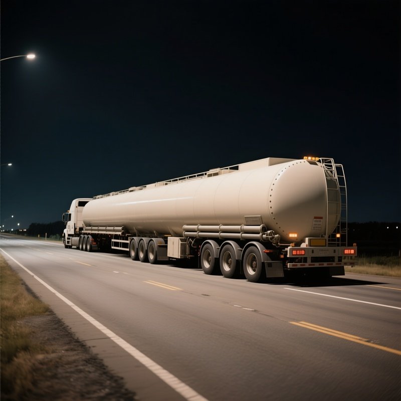 A Long Tanker Truck Painted In Neutral Tones On An Empty Nighttime Road