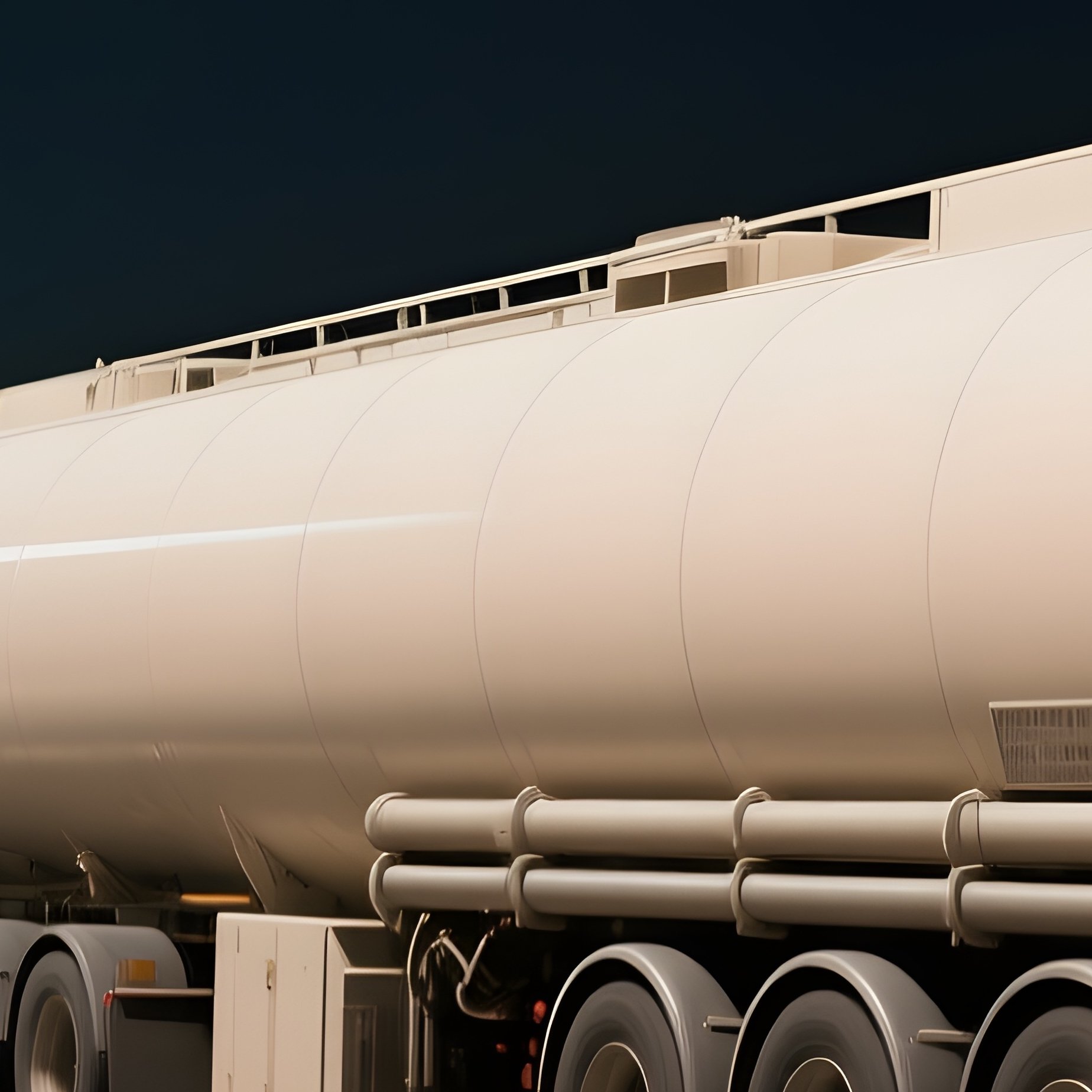 A Long Tanker Truck Painted In Neutral Tones On An Empty Nighttime Road - Full Resolution Quality Preview