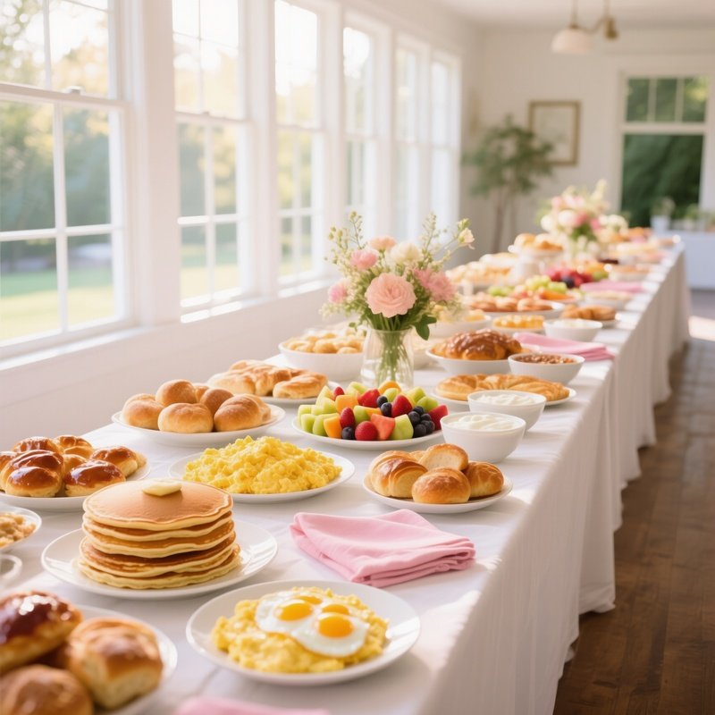 A Long White Buffet Table Laden With Brunch Food Items And Pastries Showcasing A Bright Airy And Welcoming Sunday Morning Vibe