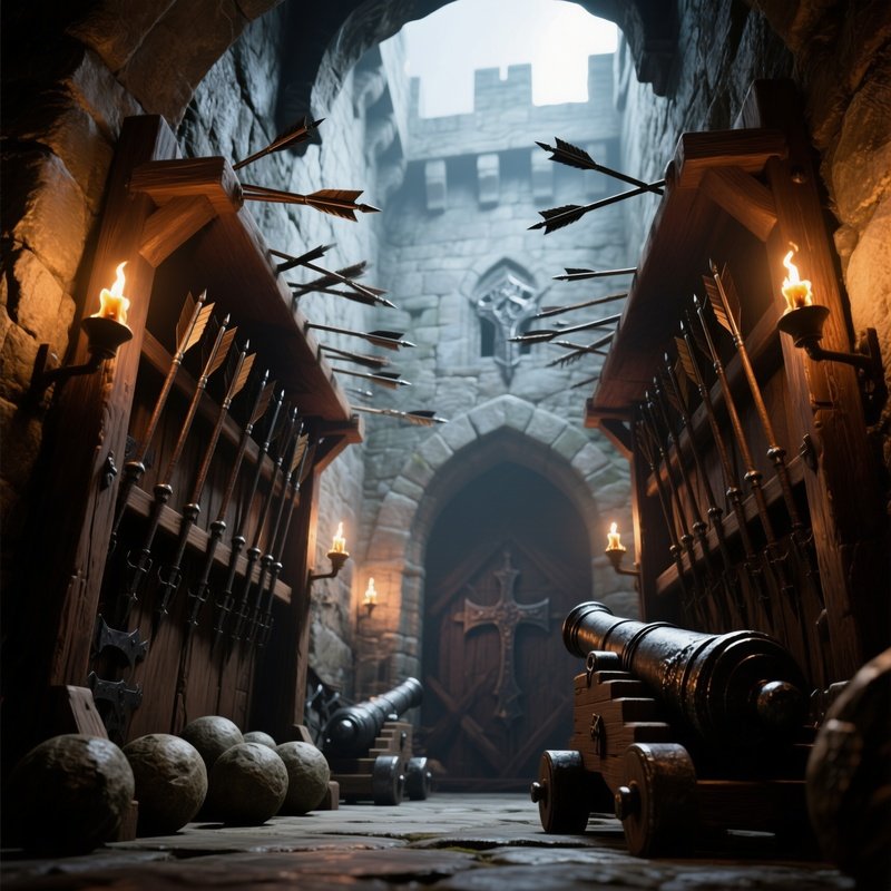 A Low‑Angle Shot Inside A Medieval Castle Armory, Wooden Racks Holding Iron Crossbow Bolts And