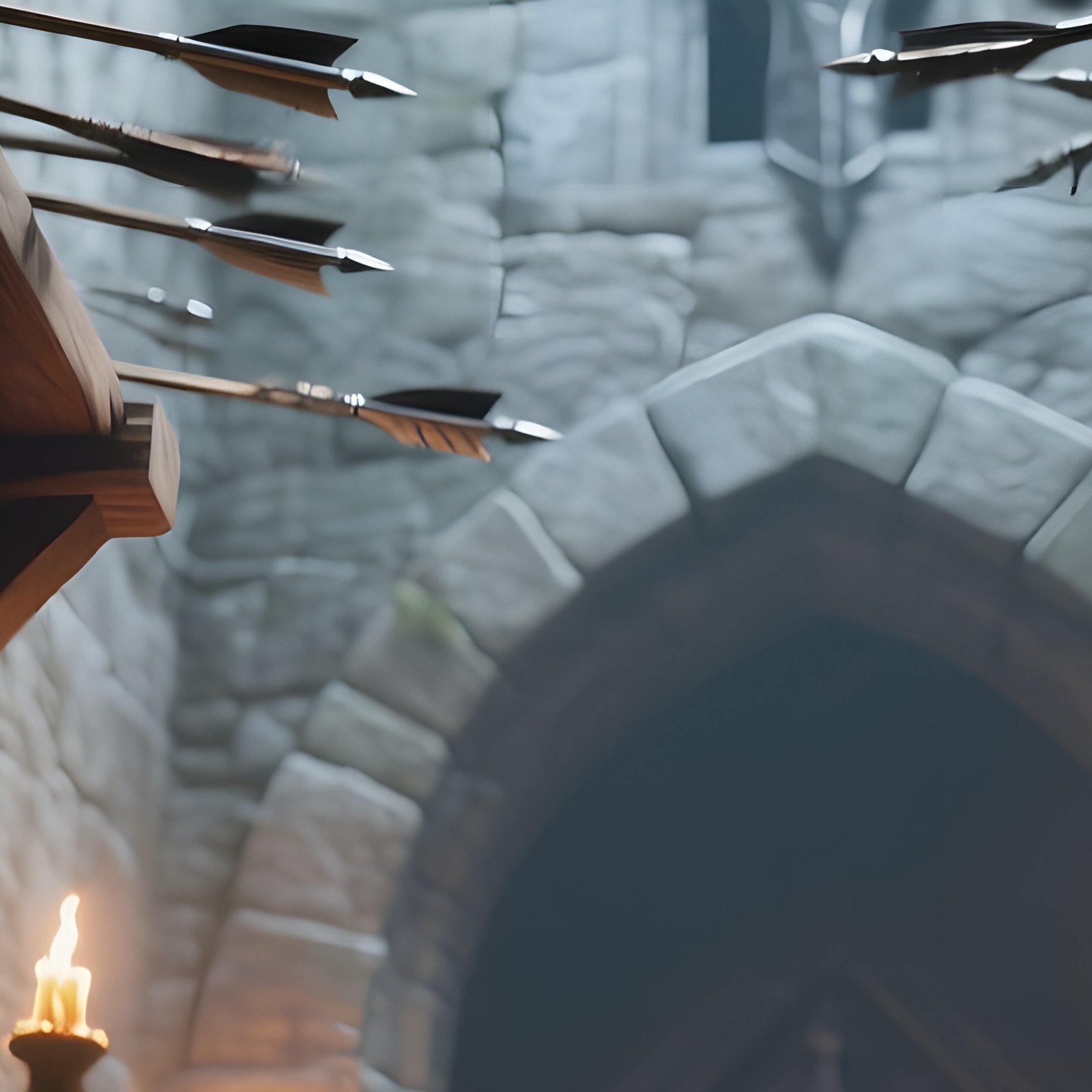 A Low‑Angle Shot Inside A Medieval Castle Armory, Wooden Racks Holding Iron Crossbow Bolts And - Full Resolution Quality Preview