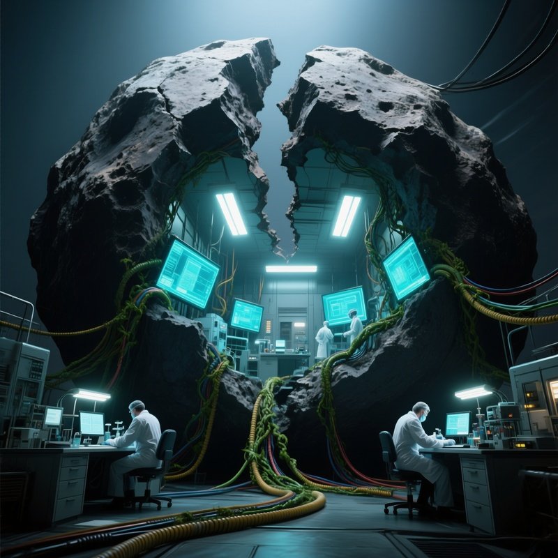 A Low‑Angle Shot Of A Massive Asteroid Split Open To Reveal A Hidden Laboratory Filled With Glowing