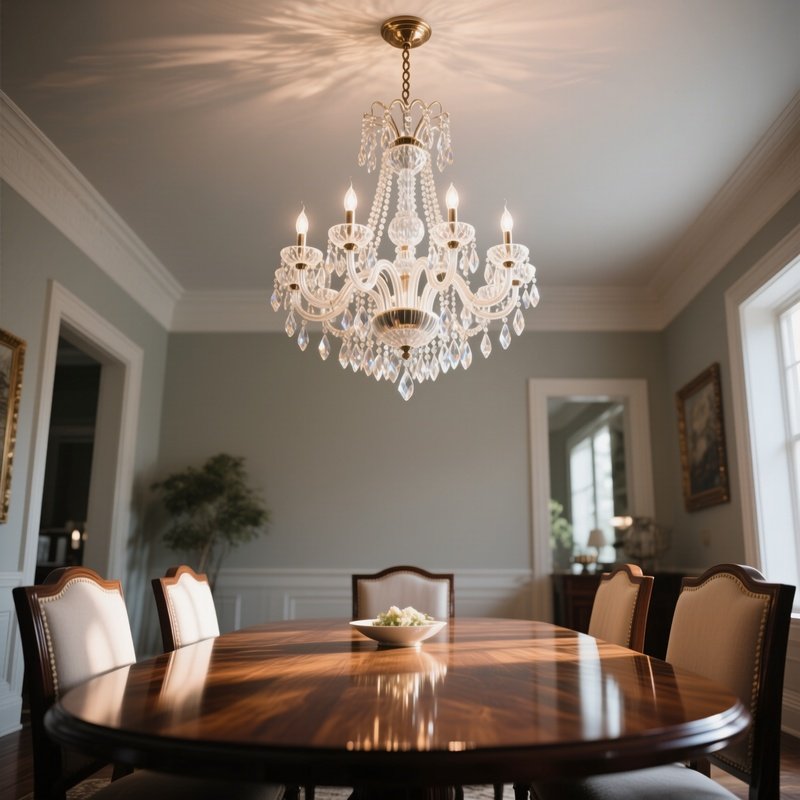 A Low Angle View Of A Dining Room Focused On A Grand Crystal Chandelier Hanging Above A Polished Wooden Table, Refracting Light Across The Room.