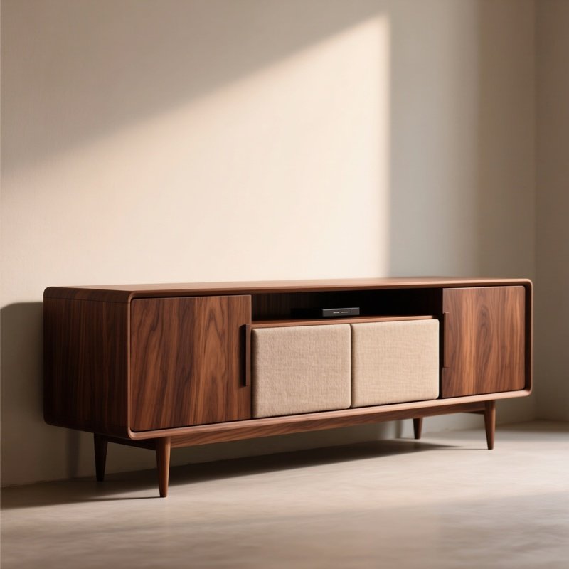 A Low Entertainment Unit In Walnut With Fabric Covered Speaker Doors