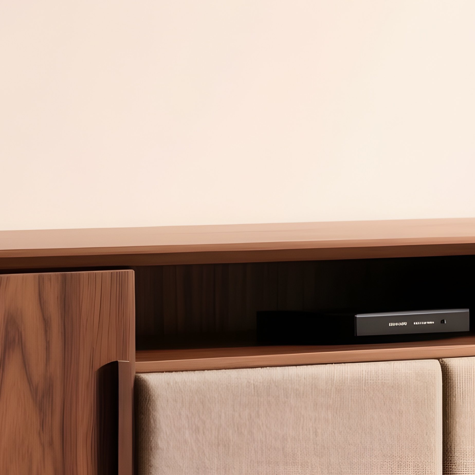 A Low Entertainment Unit In Walnut With Fabric Covered Speaker Doors - Full Resolution Quality Preview
