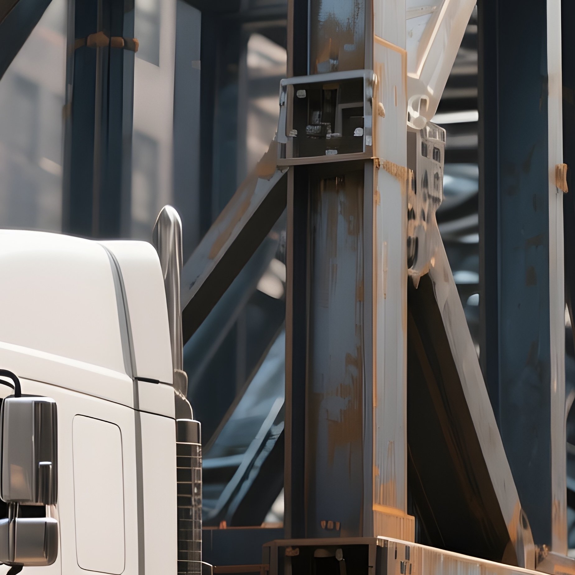 A Low Loader Truck Carrying A Massive Steel Frame Through City Streets - Full Resolution Quality Preview