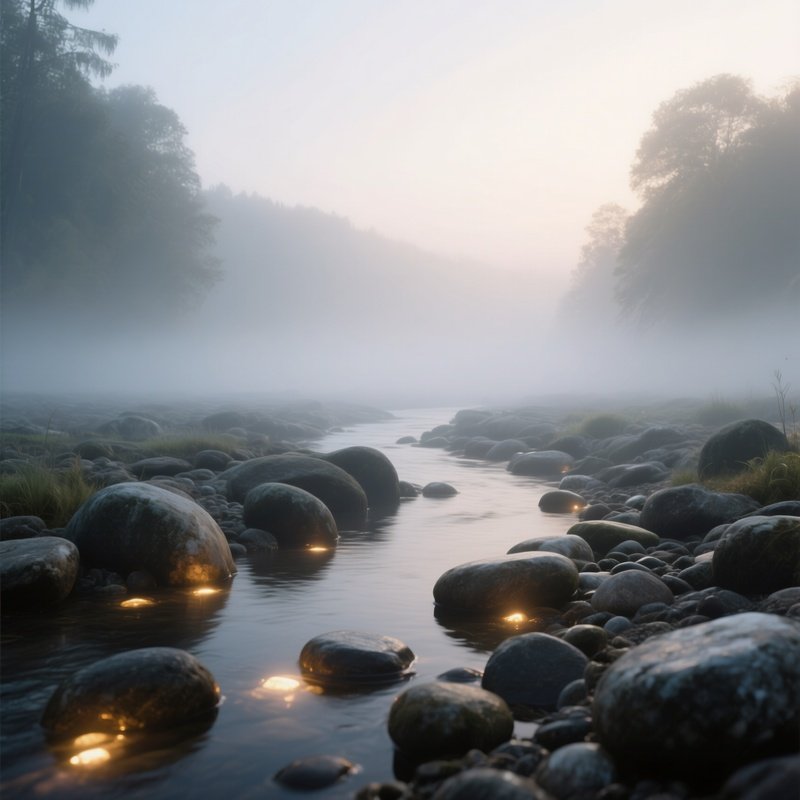 A Low Lying Morning Fog Weaving Between Glowing River Stones.