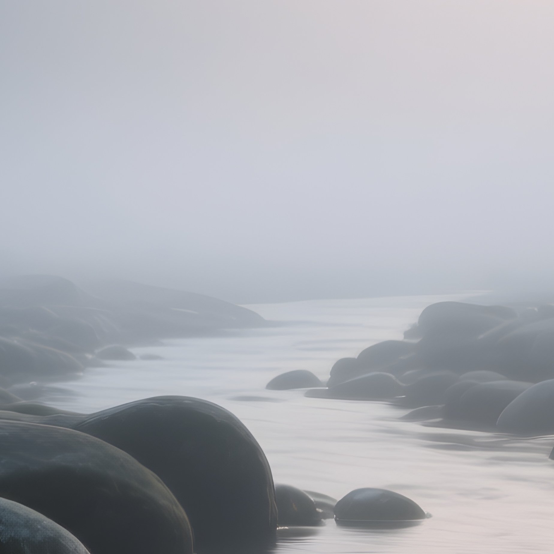 A Low Lying Morning Fog Weaving Between Glowing River Stones. - Full Resolution Quality Preview
