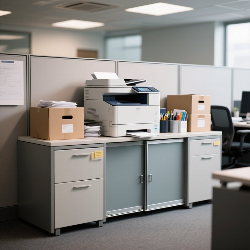 A Low Office Credenza With Sliding Doors, Holding A Large Printer And Organized Boxes Of Office Supplies In A Professional Environment.