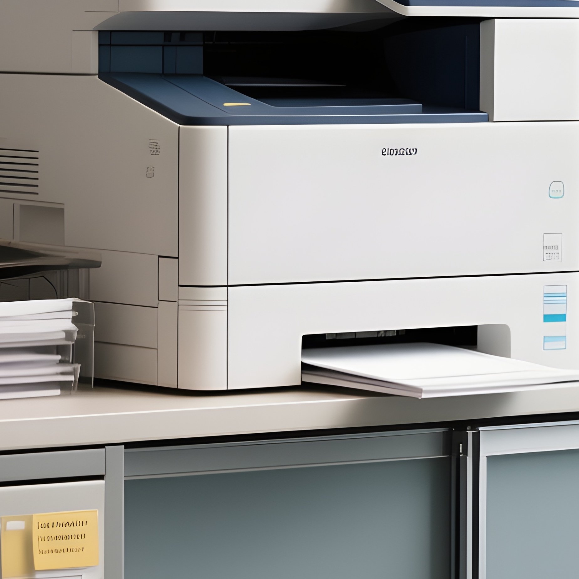 A Low Office Credenza With Sliding Doors, Holding A Large Printer And Organized Boxes Of Office Supplies In A Professional Environment. - Full Resolution Quality Preview