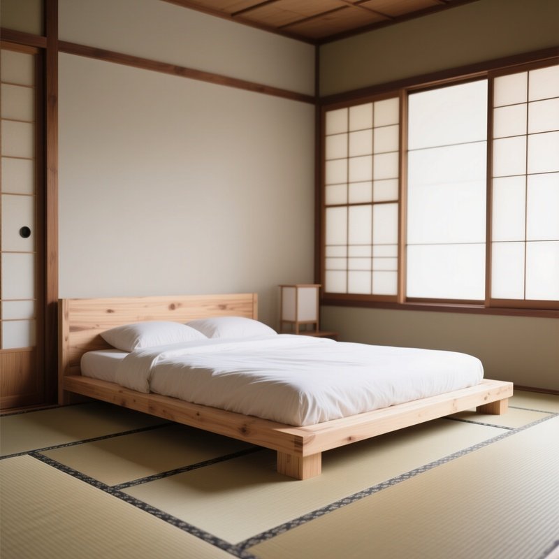 A Low Profile Japanese Style Platform Bed Made Of Light, Untreated Pine, Situated On A Traditional Tatami Mat In A Minimalist Room With Paper Shoji Screens.