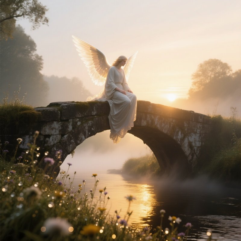 A Luminous Angel With Translucent Wings Perched On A Weathered Stone Bridge At Sunrise, Mist Rising