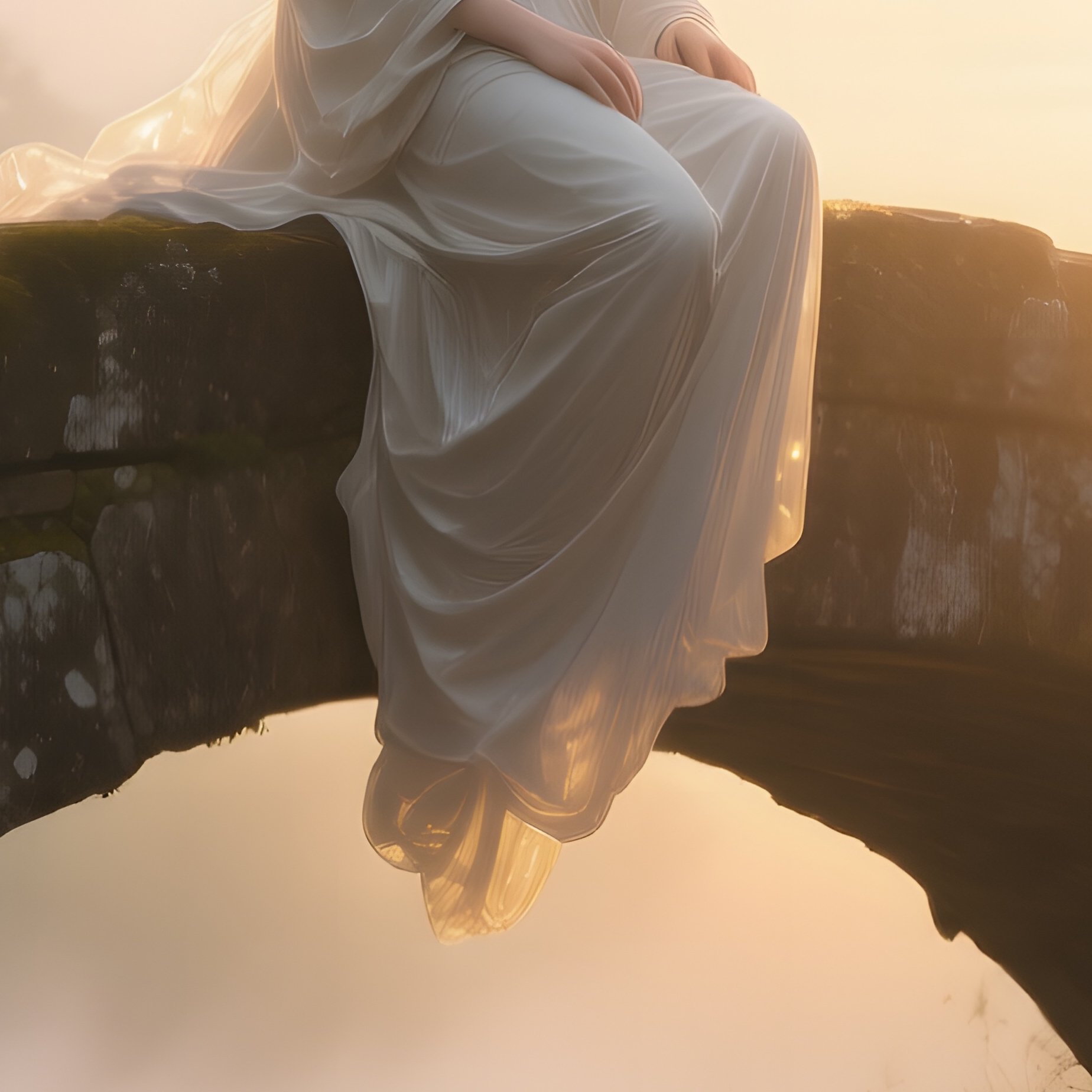 A Luminous Angel With Translucent Wings Perched On A Weathered Stone Bridge At Sunrise, Mist Rising - Full Resolution Quality Preview