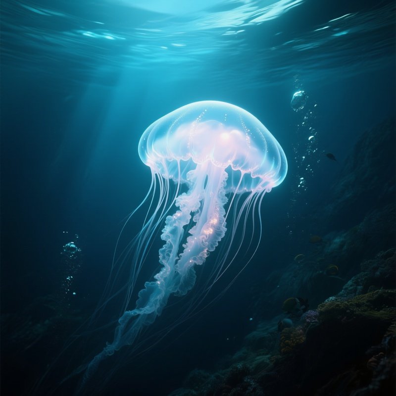 A Luminous Jelly Cloud Drifting Through Deep Abyssal Water.