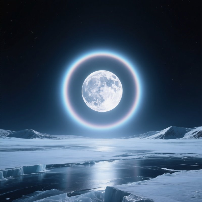 A Lunar Halo Shimmering Around The Moon On An Icy Night.