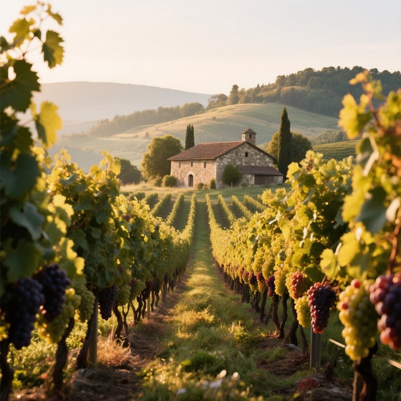 A Lush Vineyard In Late Summer, Rows Of Grapevines Heavy With Fruit, Soft Golden Light Filtering
