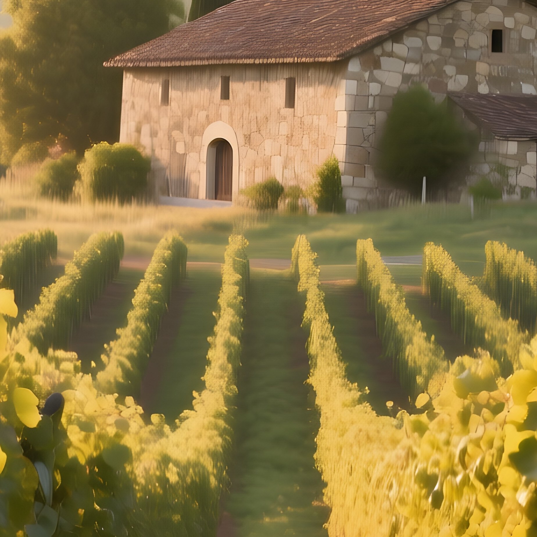 A Lush Vineyard In Late Summer, Rows Of Grapevines Heavy With Fruit, Soft Golden Light Filtering - Full Resolution Quality Preview
