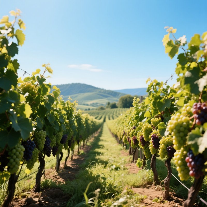 A Lush Vineyard In Midsummer, Rows Of Grapevines Heavy With Fruit, Sun Dappling Through Leaves,