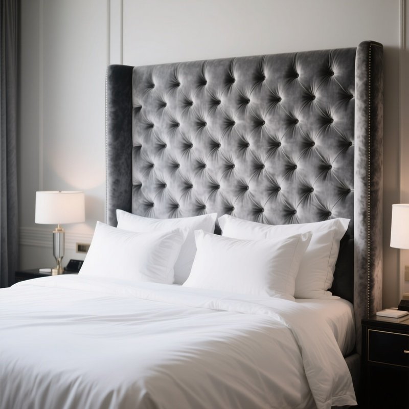 A Luxurious King Size Bed Featuring A Tall, Tufted Grey Velvet Headboard, Dressed In Crisp White Hotel Style Bedding And A Multitude Of Plush Sleeping Pillows.
