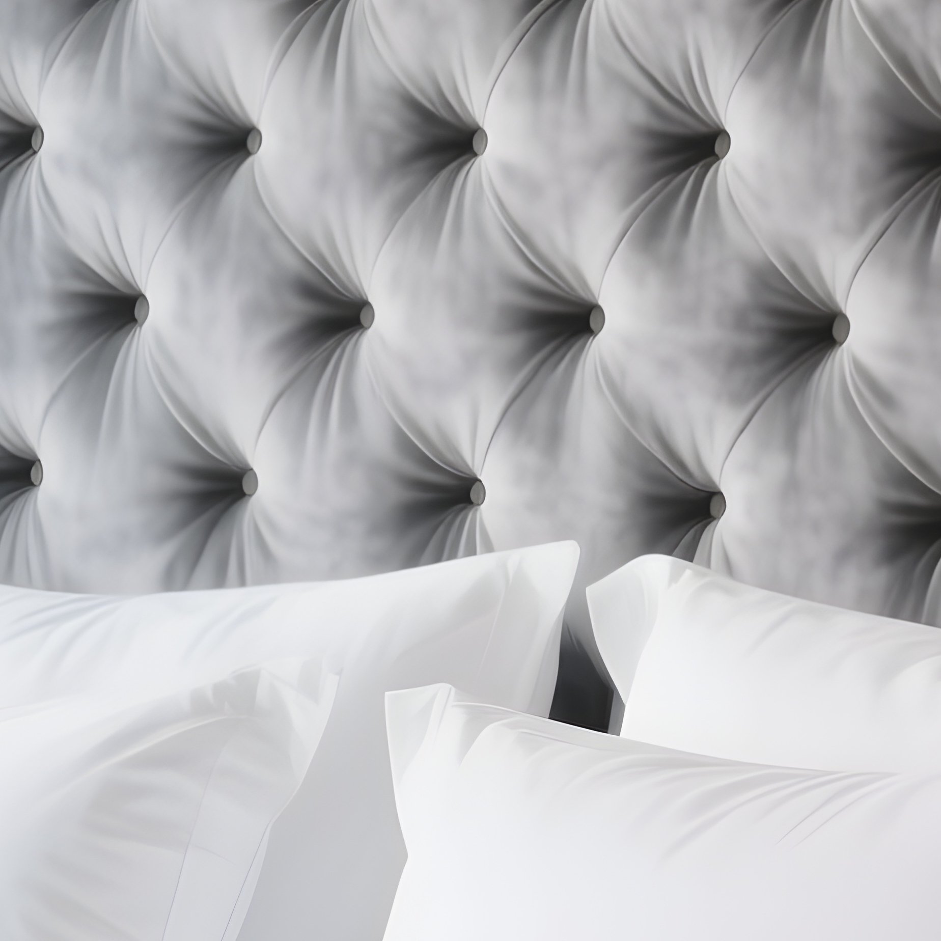 A Luxurious King Size Bed Featuring A Tall, Tufted Grey Velvet Headboard, Dressed In Crisp White Hotel Style Bedding And A Multitude Of Plush Sleeping Pillows. - Full Resolution Quality Preview