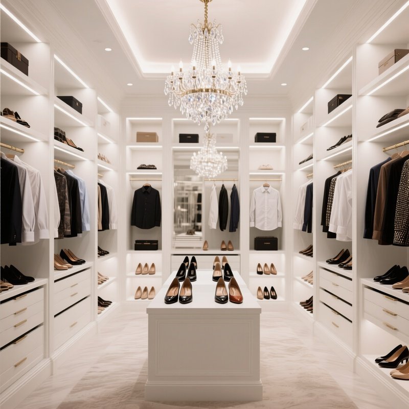 A Luxurious Walk In Closet Featuring Custom White Shelving And Islands, Displaying Organized Rows Of Designer Shoes And Shirts, Lit By A Sparkling Crystal Chandelier.