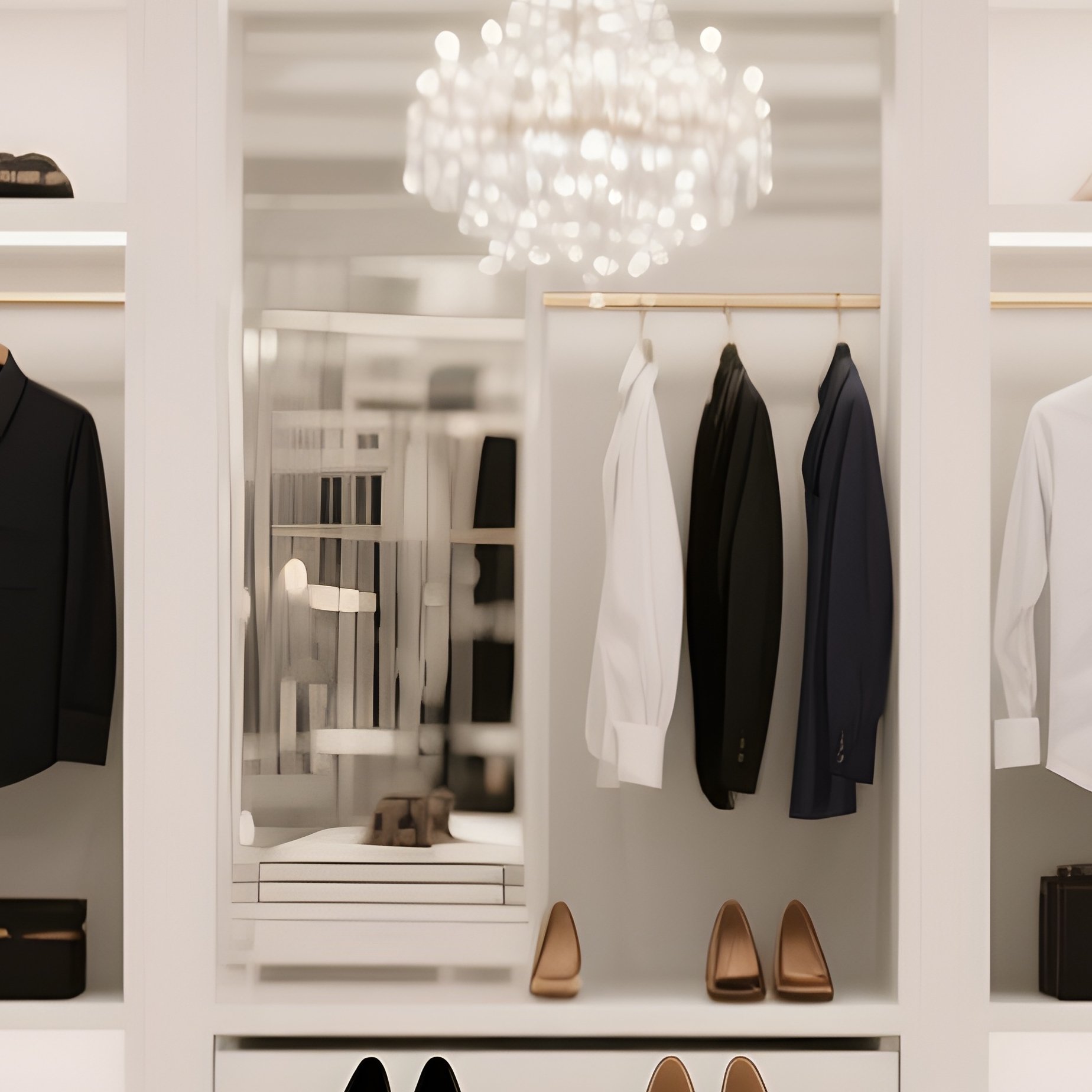 A Luxurious Walk In Closet Featuring Custom White Shelving And Islands, Displaying Organized Rows Of Designer Shoes And Shirts, Lit By A Sparkling Crystal Chandelier. - Full Resolution Quality Preview