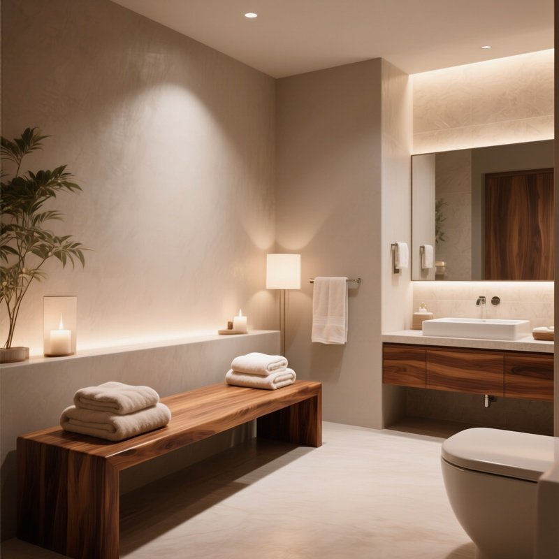 A Luxury Bathroom Lounge Area Featuring A Teak Wood Bench, Plush Towels, And Soft Indirect Lighting Creating A Spa Like Atmosphere