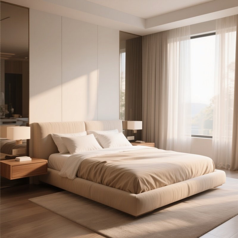 A Luxury Bedroom Interior With A Low Profile King Size Bed Upholstered In Soft Beige Fabric, Complemented By Floating Wooden Nightstands And Sheer Curtains Filtering Morning Light