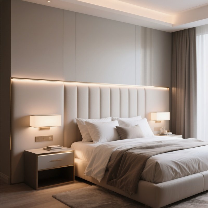 A Luxury Bedroom With A Custom Headboard, Integrated Bedside Lighting, And Calm Color Palette