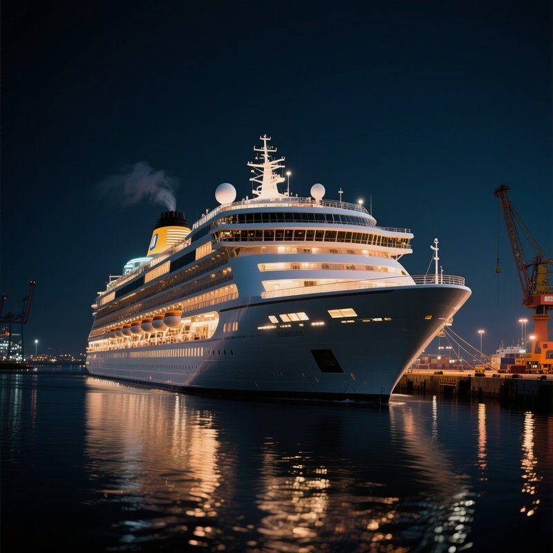 A Luxury Cruise Ship Illuminated While Approaching A Night Port