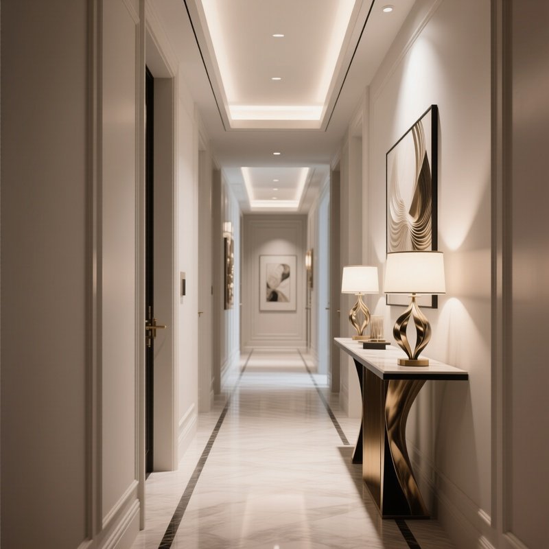 A Luxury Hallway Featuring A Narrow Console Table, Sculptural Lighting, And Minimalist Wall Decor