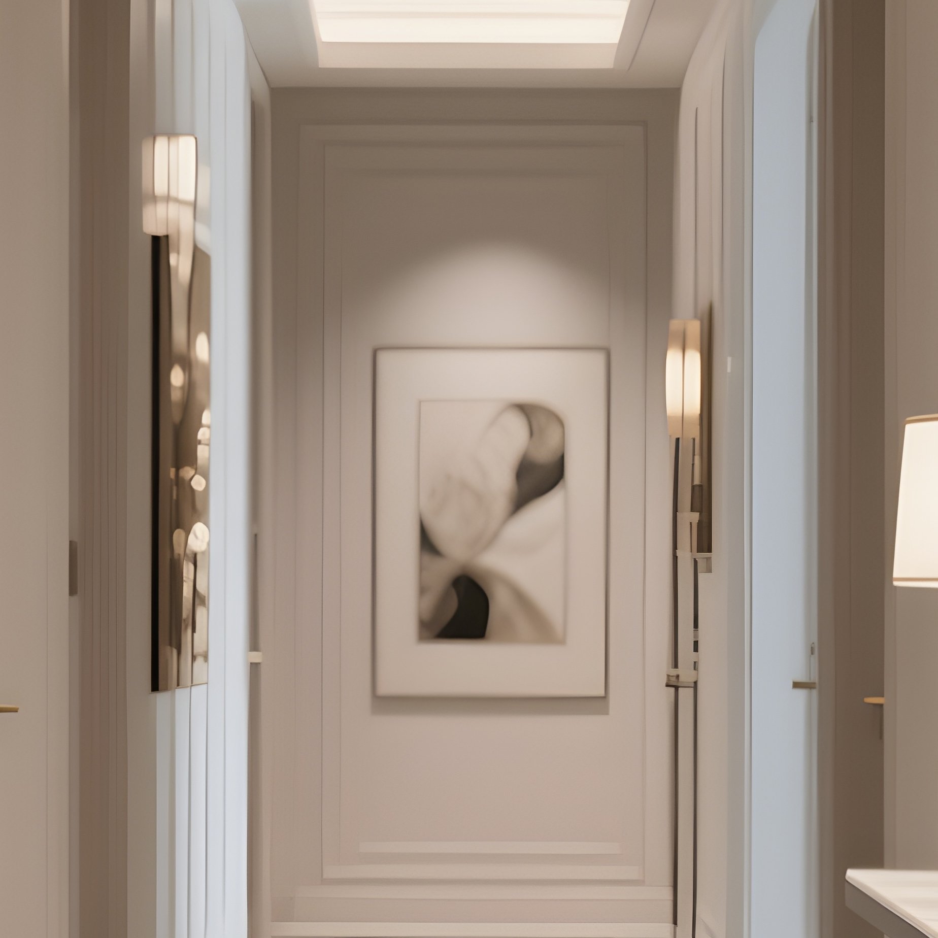 A Luxury Hallway Featuring A Narrow Console Table, Sculptural Lighting, And Minimalist Wall Decor - Full Resolution Quality Preview