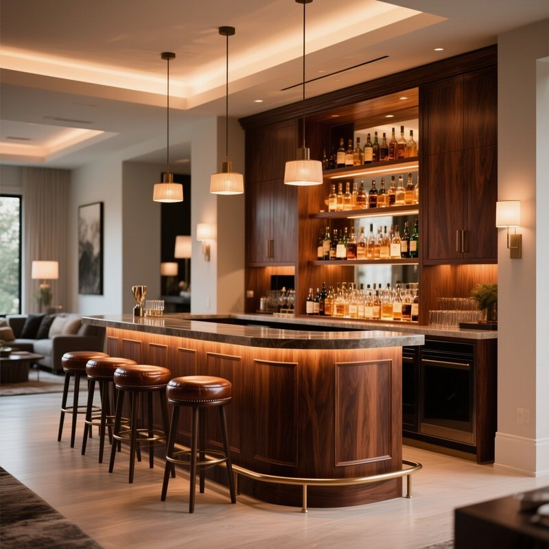 A Luxury Home Bar Area With A Solid Wood Bar Cabinet, Leather Bar Stools, And Warm Accent Lighting