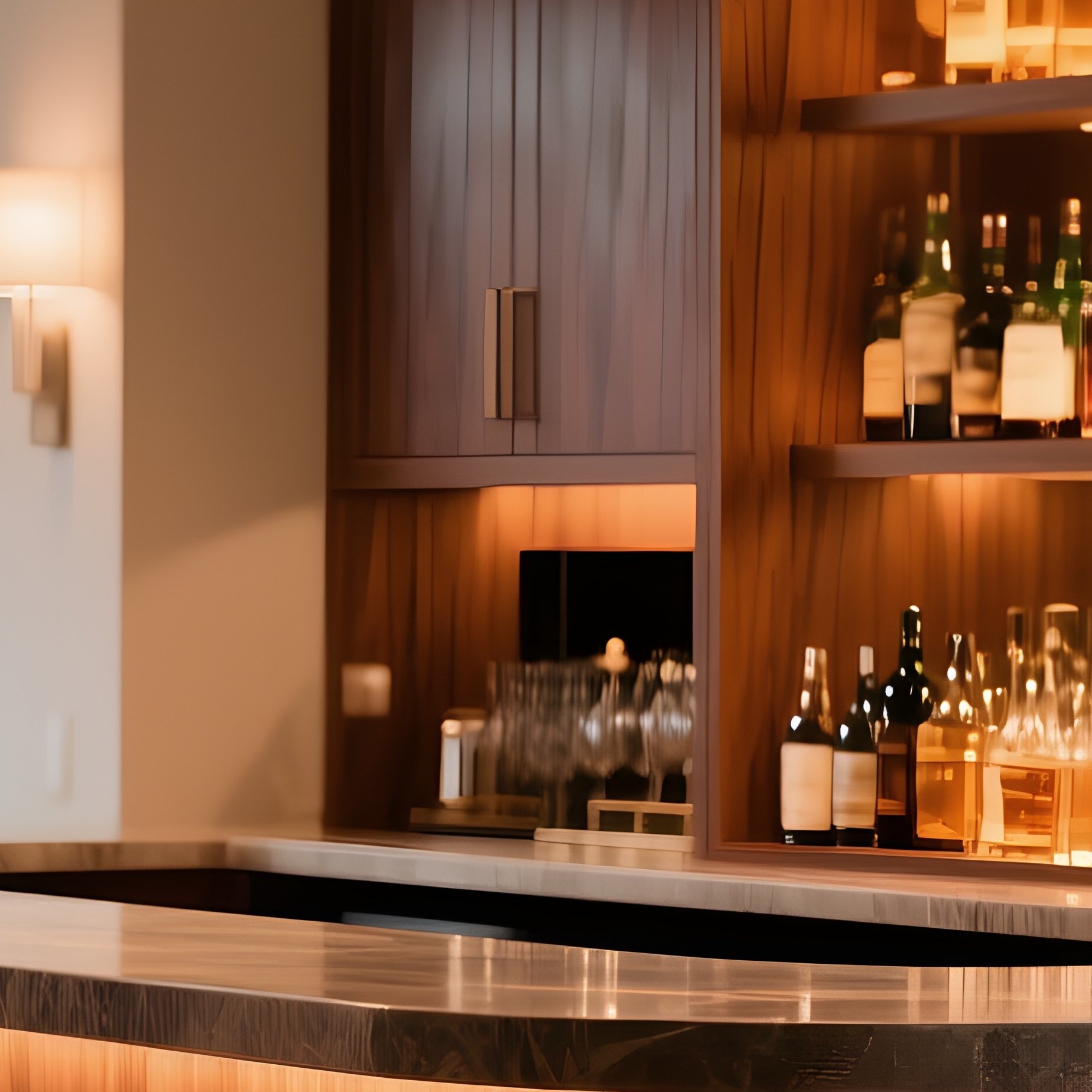 A Luxury Home Bar Area With A Solid Wood Bar Cabinet, Leather Bar Stools, And Warm Accent Lighting - Full Resolution Quality Preview