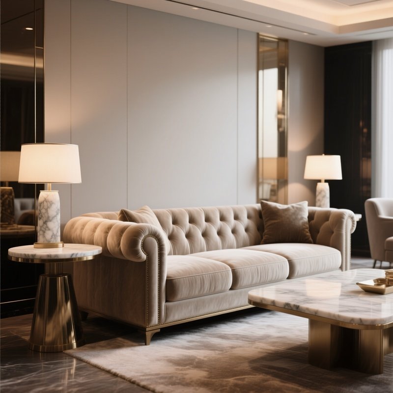 A Luxury Lounge With A Plush Sofa, Marble Side Table, And Soft Ambient Lighting