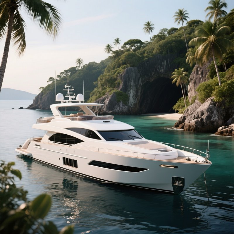 A Luxury Motor Yacht Anchored Near A Secluded Tropical Cove