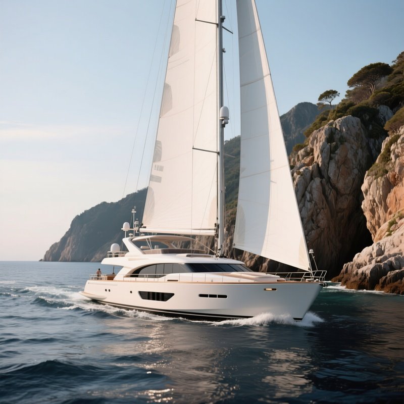 A Luxury Sailing Yacht Passing Near A Rocky Coastline