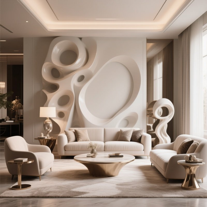 A Luxury Sitting Room With Sculptural Furniture And Soft Ambiance