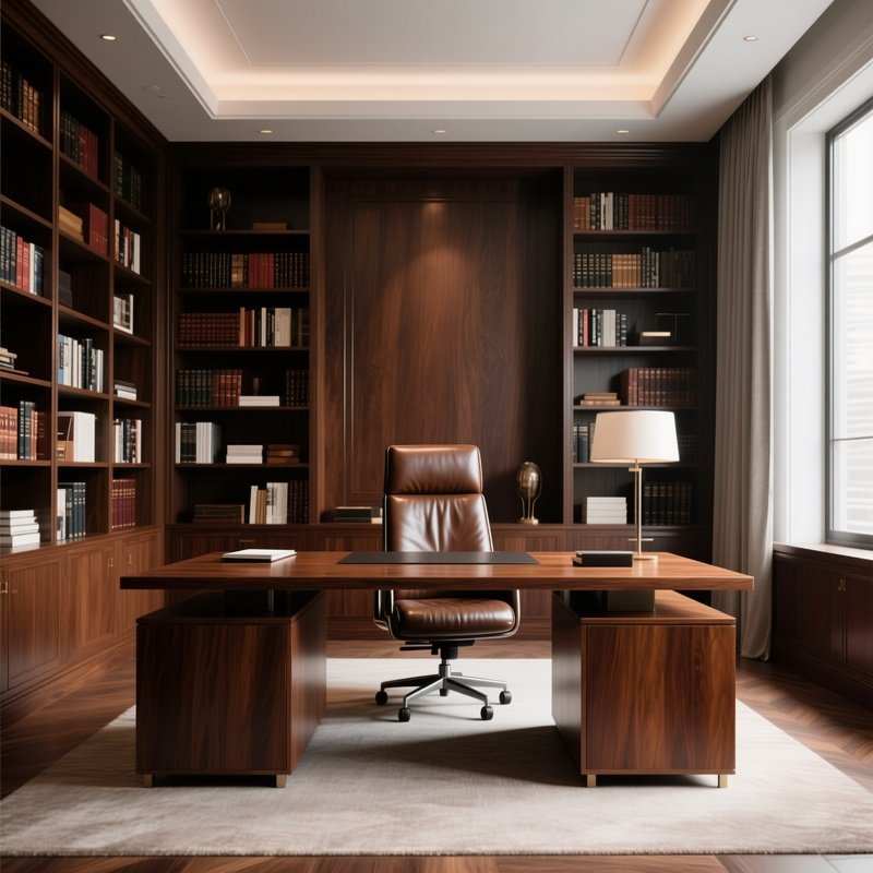 A Luxury Study Room Featuring A Large Wooden Desk, An Ergonomic Leather Chair, And Floor To Ceiling Bookshelves