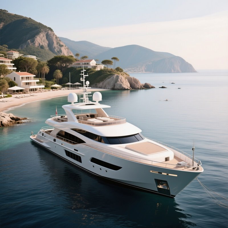 A Luxury Superyacht Anchored Off A Coastal Resort
