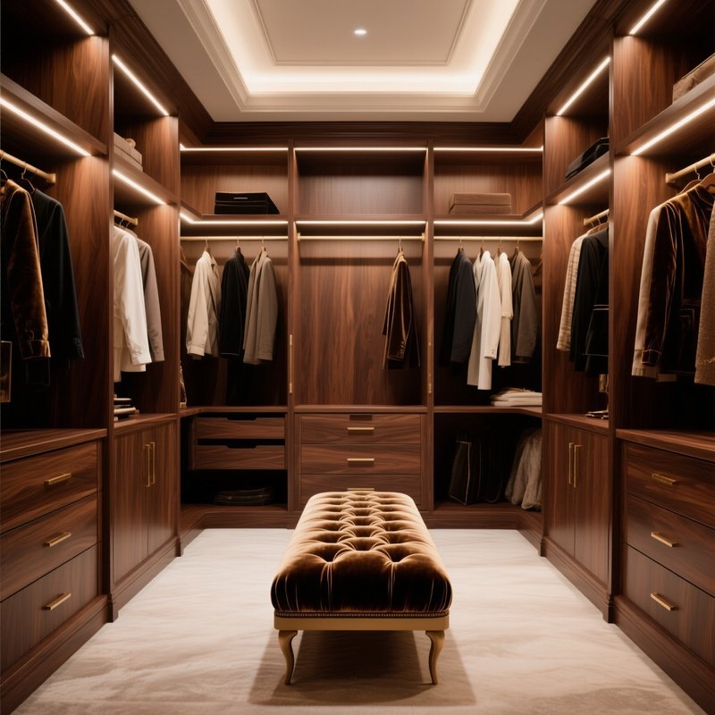A Luxury Walk In Closet Featuring Bespoke Wooden Cabinetry, A Velvet Upholstered Bench In The Center, And Soft Integrated Lighting
