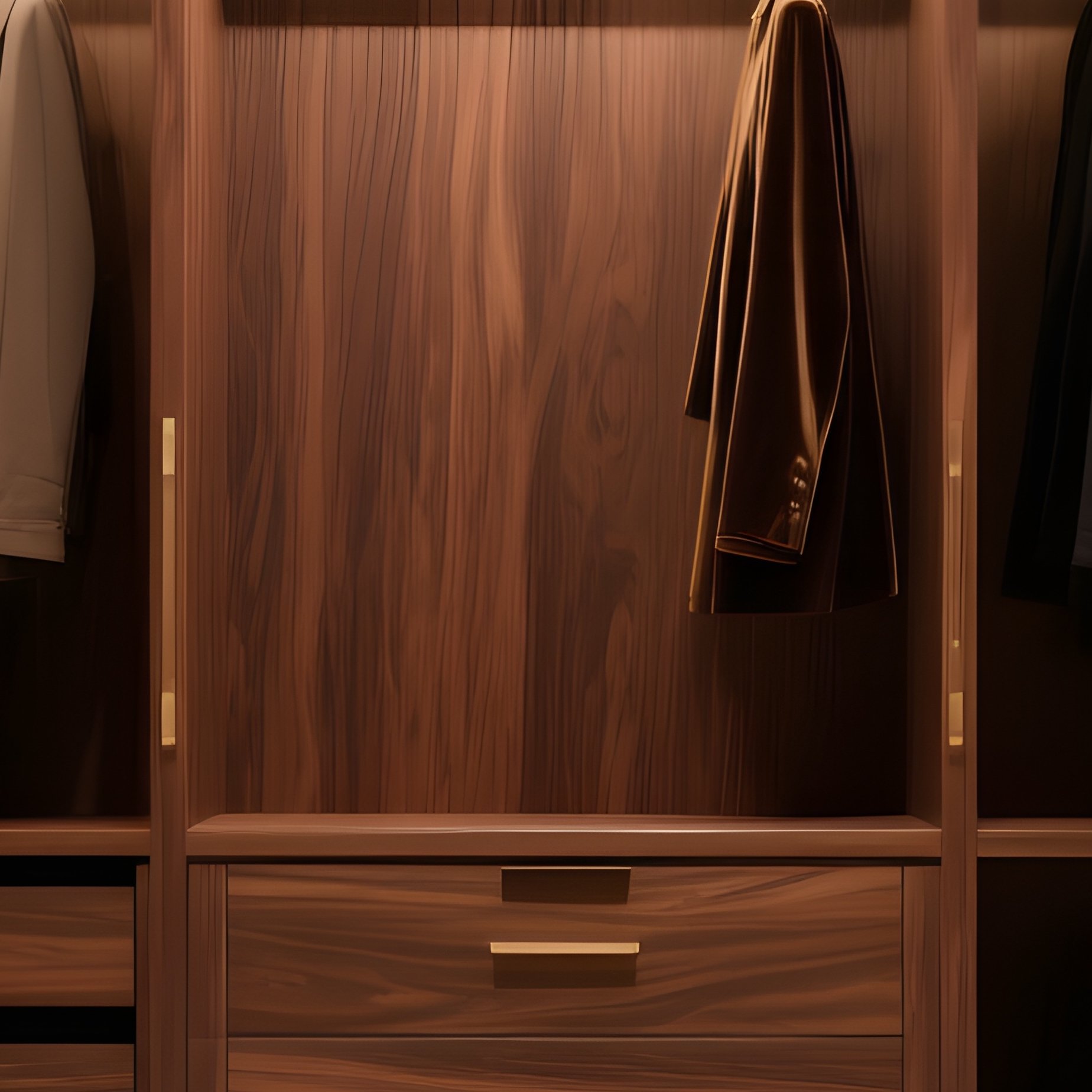 A Luxury Walk In Closet Featuring Bespoke Wooden Cabinetry, A Velvet Upholstered Bench In The Center, And Soft Integrated Lighting - Full Resolution Quality Preview