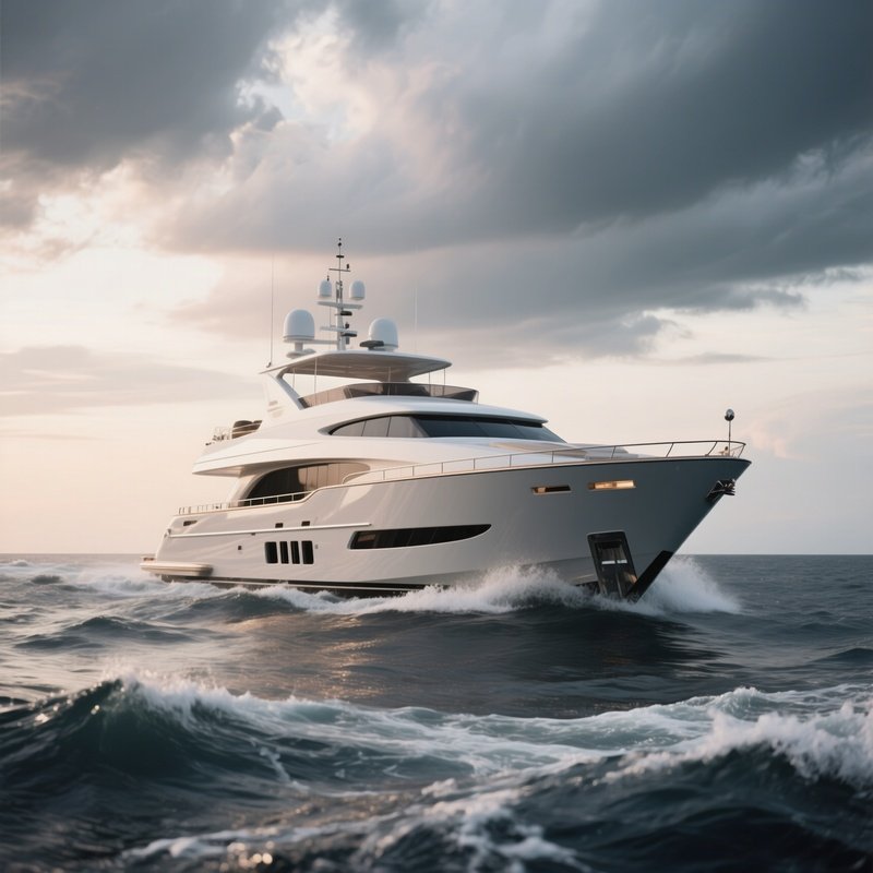 A Luxury Yacht Drifting Below A Dramatic Sky With Soft Waves