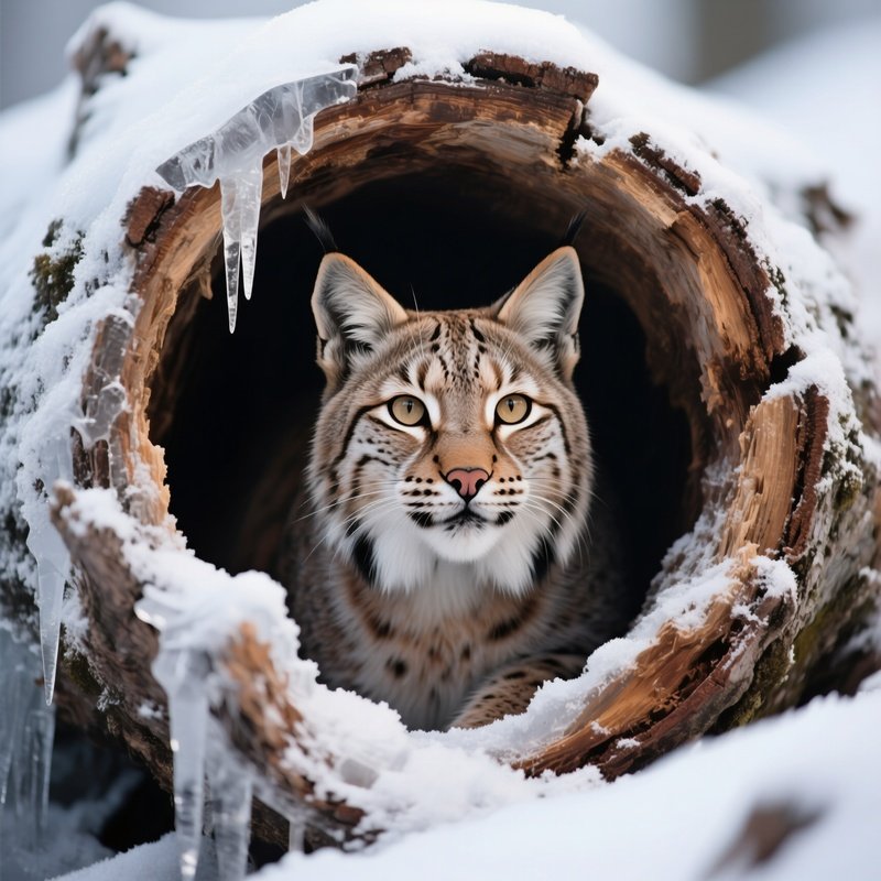 A Lynx Gazing From Inside A Hollow Frozen Log.