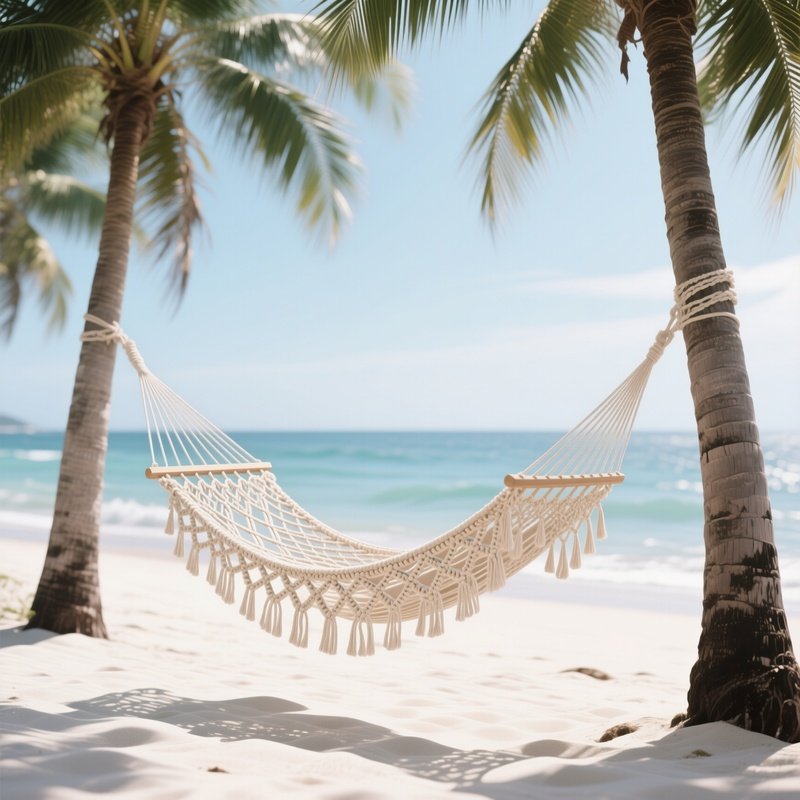 A Macramé Hammock Strung Between Two Tall Palm Trees On A White Sandy Beach, Swaying Gently In The Ocean Breeze.