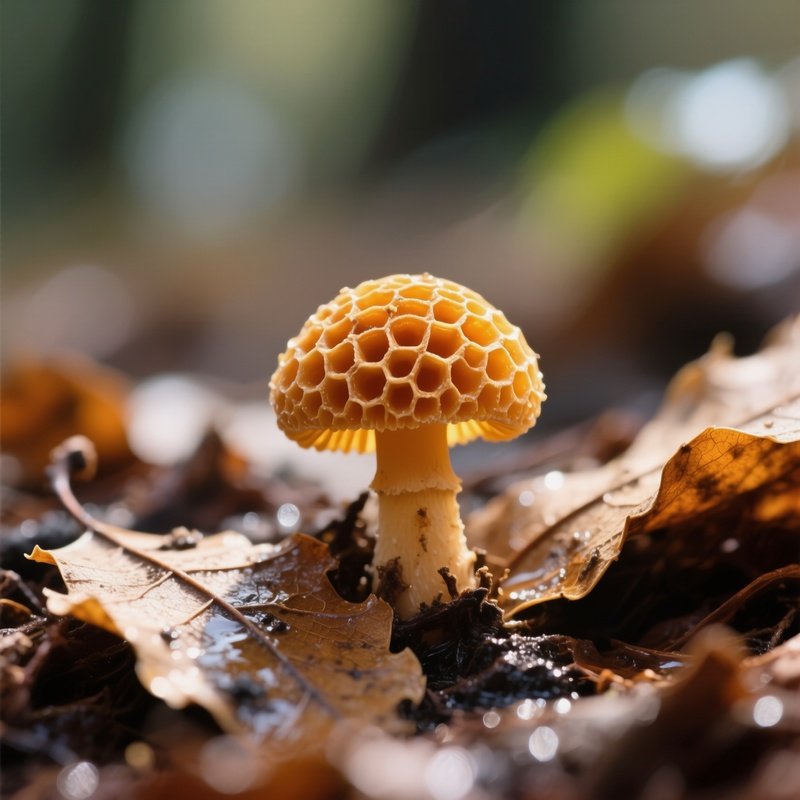 A Macro Shot Of A Tiny Amber‑Colored Morel Emerging From Damp Leaf Litter, Intricate Honeycomb