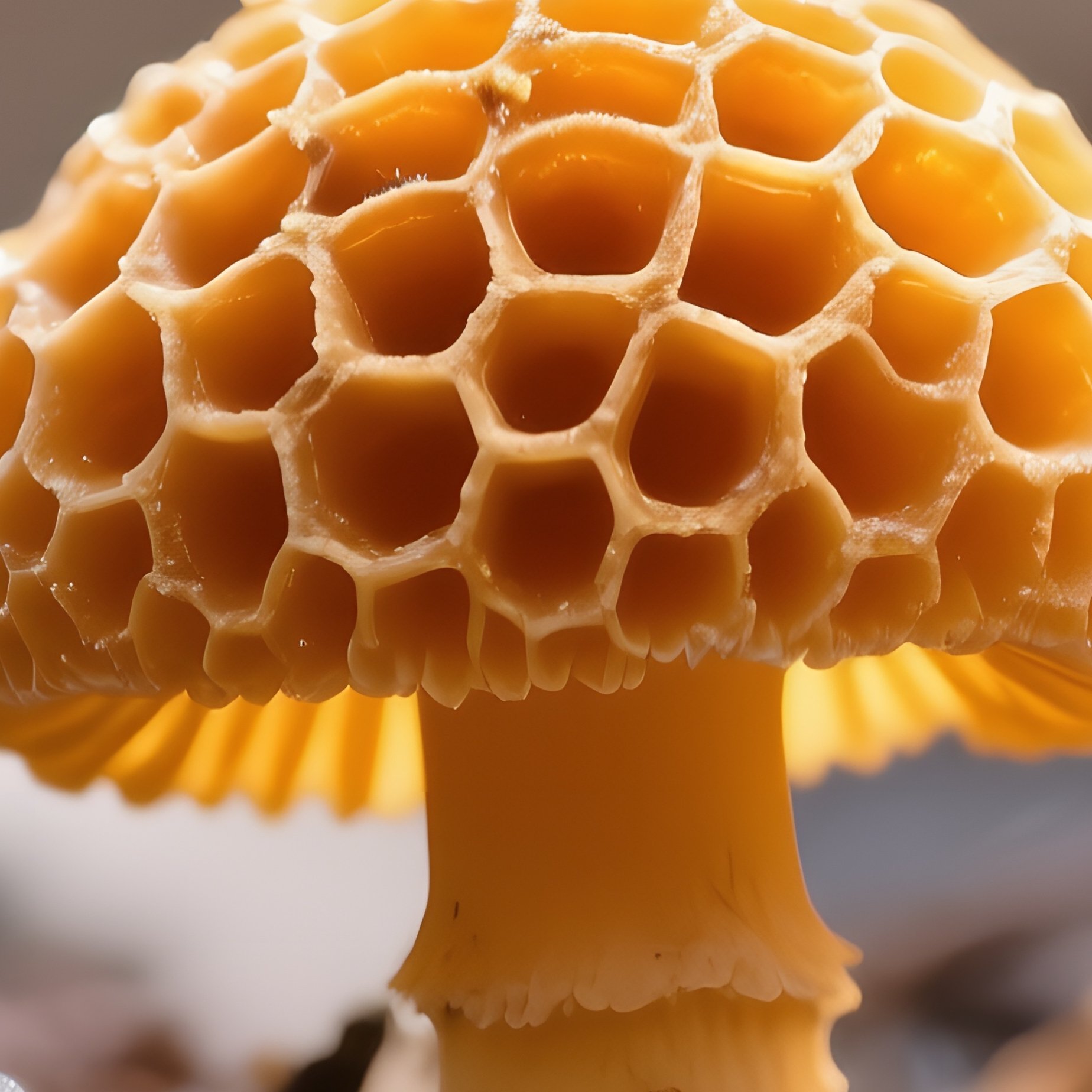 A Macro Shot Of A Tiny Amber‑Colored Morel Emerging From Damp Leaf Litter, Intricate Honeycomb - Full Resolution Quality Preview